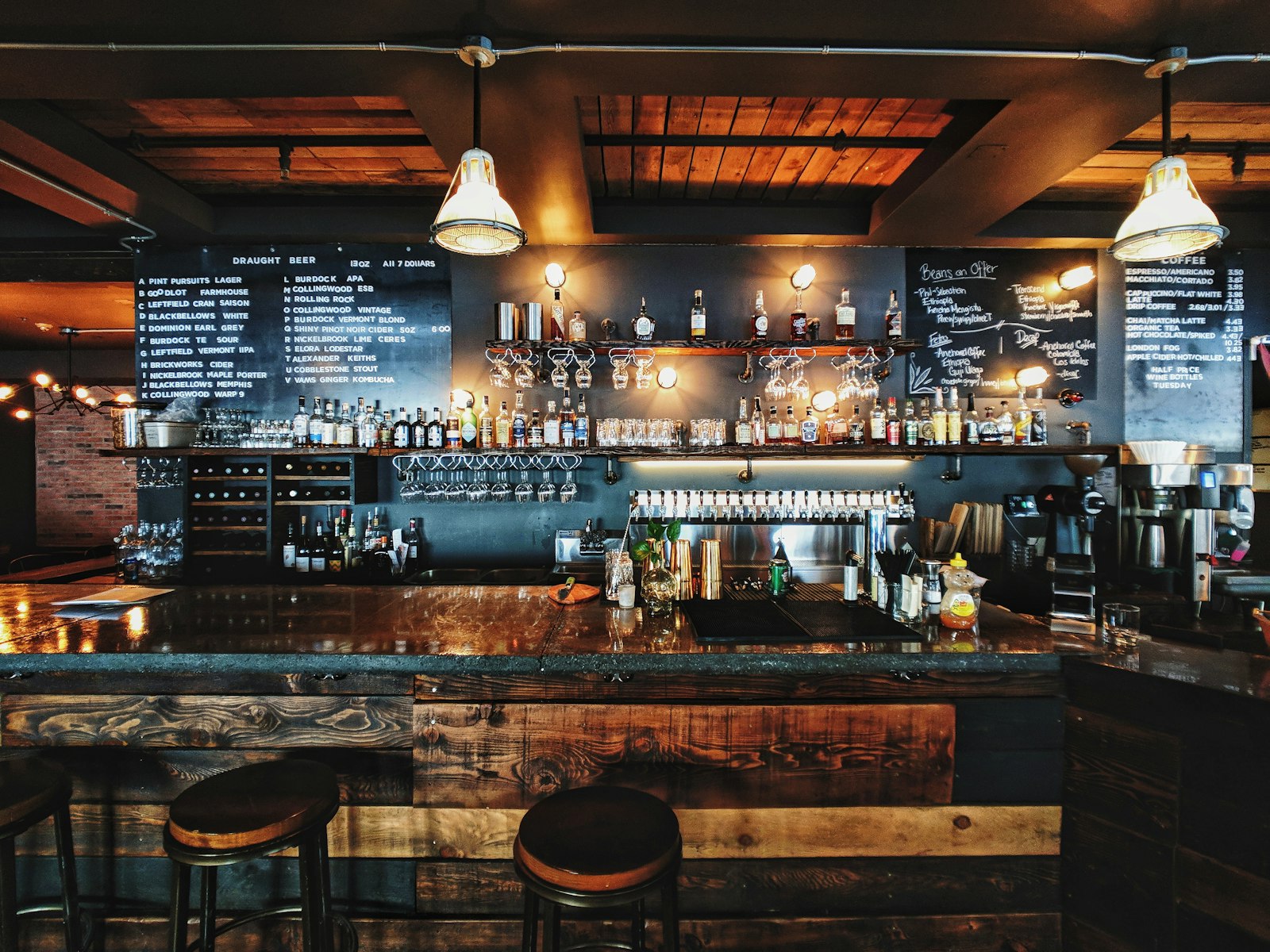 The bar at Goal, bottles and warm lighting